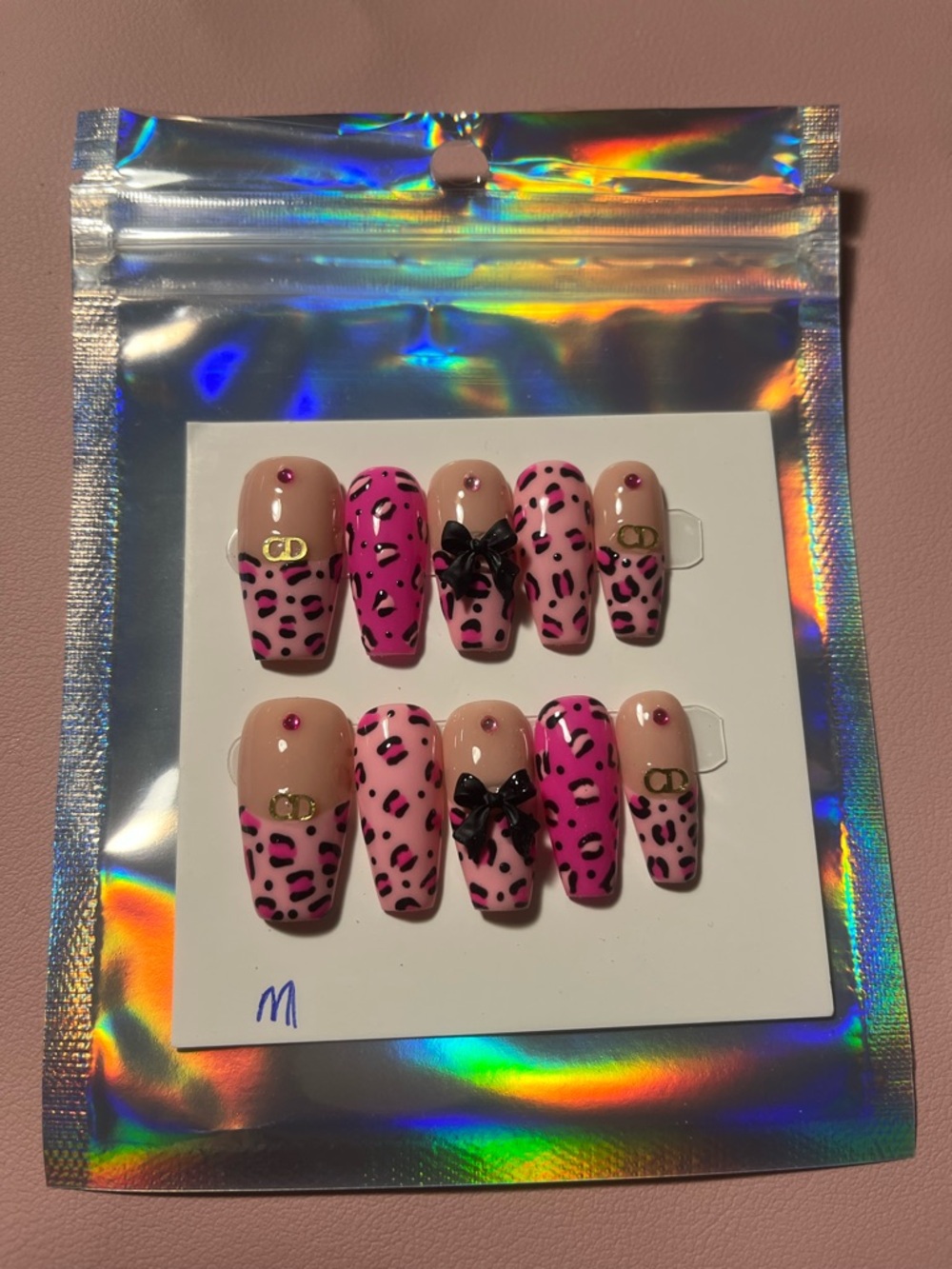 10 PC Hand Crafted Pink Cheetah Nails NWT - Picture 4 of 9